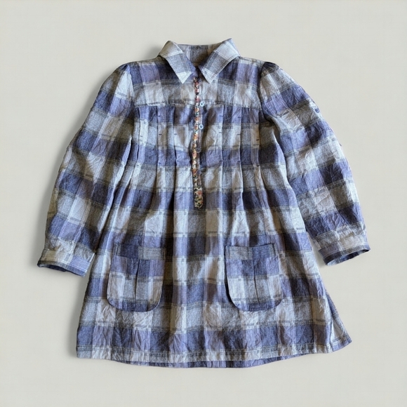 Free People Tops - Free People Plaid Boho Multi Print Patch Pocket Tunic Cinch Babydoll Shirt Sz 2